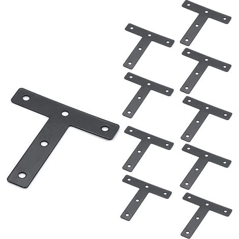 Lot de 10 équerres d'angle plates en T 80 x 80 mm en métal noir à angle droit pour réparation de meubles, étagère en bois, armoire, table, chaise (forme en T) (1/5)