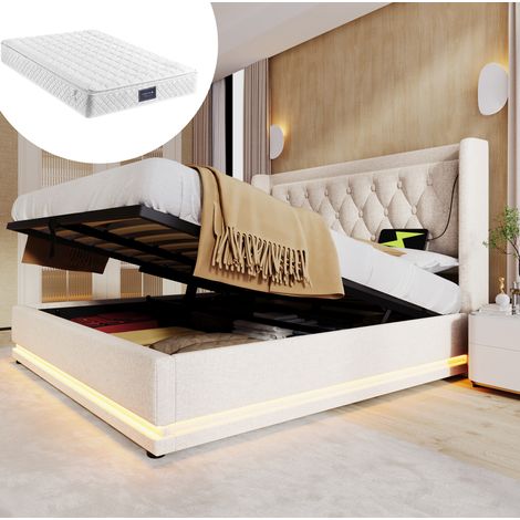 lit adulte couchage coffre 160x200 LED USB coton beige OKMYHOME (1/5)
