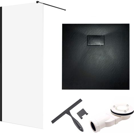 Set - Walk-In Dusche KETIL 90x198 Schwarz + 8 mm Glas + Duschwanne VIDAR 90x90 Schwarz SMC Quadratisch, mit Glaswischer (1/5)