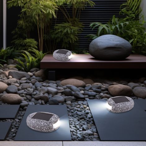 LED Solarleuchte Außenlampe Stein Design Solarsteine Wegeleuchte Gartenlampe, Kunststoff grau, Akku IP44, L 8,5 cm, 3er Set