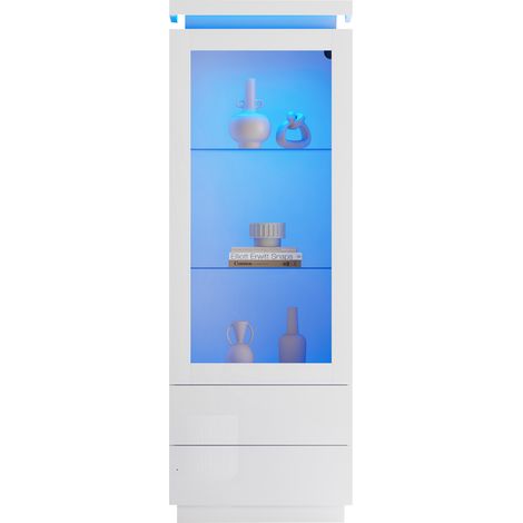 ELVMI Vitrine avec 2 Tiroirs, Porte en Acrylique et LED Pilotée par Application, Blanche, 60 x 40 x 171 cm (1/5)