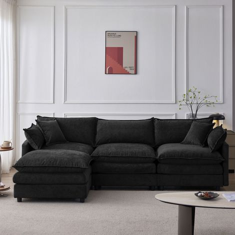 Canapé d'angle modulable 3 places avec méridienne réversible, 267x154x85 cm, assise à ressorts ensachés, housses amovibles, chenille, noir (1/5)