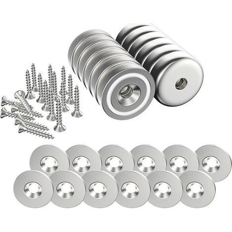 12 aimants néodyme (N52), 20 × 7 mm, charge de traction 10 kg par pièce, avec trou fileté, boîtier de protection, base conique et vis incluses, + 12 rondelles en acier inoxydable (argenté) (1/5)