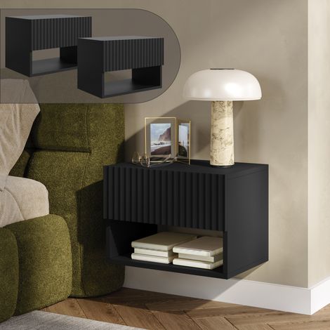 Schwebender Nachttisch 2er Set Nand mit mit Schublade und Ablagefach Schwarz [en.casa] (1/5)
