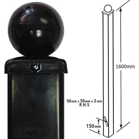 Square Ball Top Concrete-In Blank Post, Any Low Gates - Solid Steel - L50 x W50 x H1800 mm - Electro Galv./Black Powder Coated