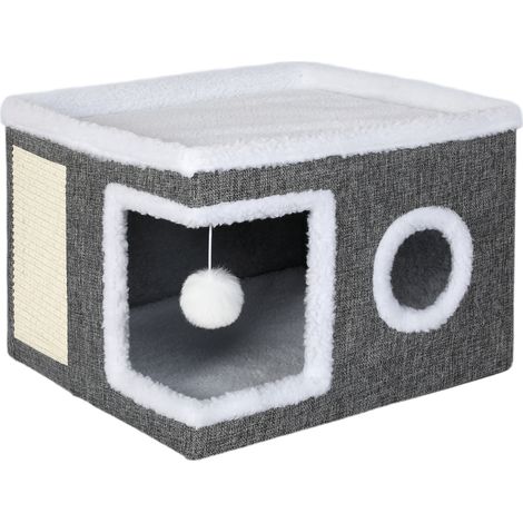 Skylos Cat House Indoor Cat Cave with Scratch Pad Fluffy Ball Pet Bed Foldable