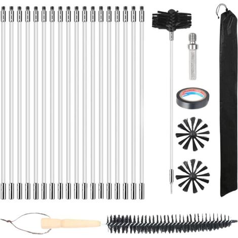 Kit de 25 brosses de nettoyage de cheminée avec 18 tiges flexibles en nylon + 2 têtes de brosse + 1 longue brosse en bois + sac de rangement pour conduit de cheminée, sécheuse, regard de cheminée, hot (1/5)