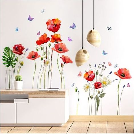 Stickers Muraux Coquelicots Rouges et Papillons – Décoration Adhésive pour Salon, Chambre et Cuisine (1/5)