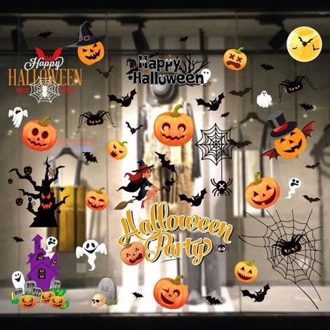 Deco Halloween 43 pcs Halloween Fenêtre Autocollants Happy Halloween Citrouille Chat Chauve-Souris et Fan DECORATION DE FETE MURALE (1/2)