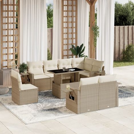 Ensemble de jardin 9 places en résine tressée beige avec table réglable et coussins - Salon extérieur modulaire avec coussins dossier et assise (1/5)