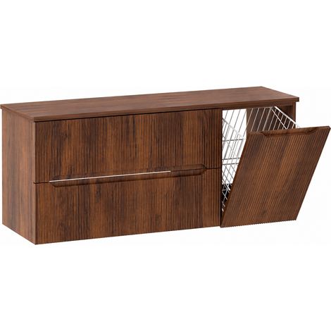 Meuble sous vasque suspendu avec panier à linge et plan L.120 cm effet noyer Warmia façade rainurée NOVO Furnidea (1/5)