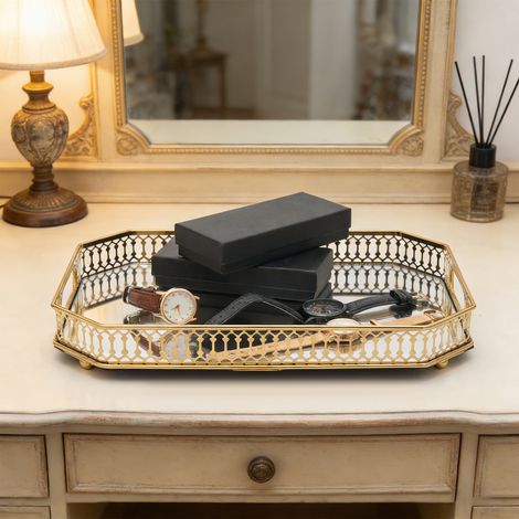 YISSALE -Tablette miroir 25x35 cm, tablette en métal décorative, pierre, rangement organisateur en or octogonal, tablette réfléchie pour anniversaires, mariages et fête des mères (1/5)