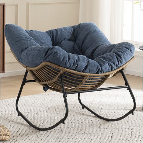 Sillón mecedora Papasan de chenilla azul, estructura metálica, 95 x 107 x 83 cm, OKWISH (1/5)