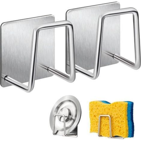 Porta spugne - Gancio adesivo in acciaio inox 304 per spugne da cucina - Accessori per lavello - Gancio adesivo, per cucina e bagno (confezione da 2, argento). (1/5)
