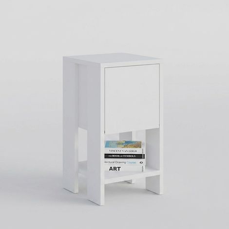 Mesita de noche blanca con cajón, 30 x 55 cm, para dormitorio minimalista o habitación de hotel (1/4)