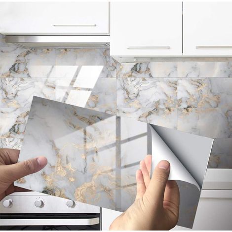 16 Pièces Sticker Carrelage, Motif Marbre 3D, PVC Imperméable, Pour Salle De Bains Et Cuisine