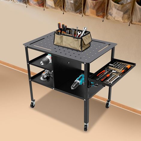 Table de soudage mobile avec roulettes - En acier - Charge maximale : 500 kg - Avec plaque perforée perforée - Étagère latérale pliable et porte-outils - Pour l'industrie et le bricolage (1/5)