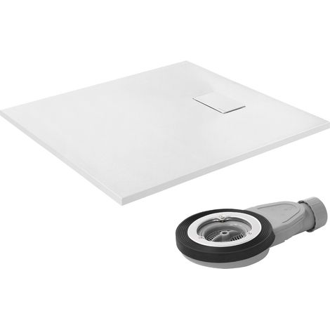 LuxeBath Duschwanne 100x90 cm Weiß mit Ablaufgarnitur, Extra flache & robuste SMC Duschtasse, Rechteckige Brausewanne H:30 mm, Design Brausetasse Anti-Rutsch-Oberfläche in Schieferoptik mit Siphon (1/5)