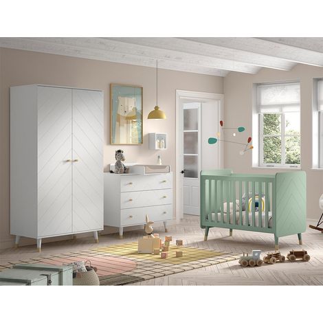 Pack - Lit Bébé, Armoire & Commode "Billy" 60x120cm Blanc & Vert