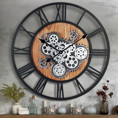 Horloge Murale Engrenages Mobiles Geante 57cm, Industrielle Bois Vintage Pendule Murale Steampunk Design Chiffres Romains pour Salon Cuisine Bar Bureau (1/5)