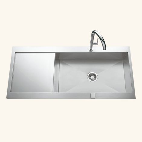 Cuisissimo – Évier inox lisse 116x52 cm – 1 bac réversible avec vidage automatique – Bonde et siphon inclus – Pour meuble sous évier 80 cm minimum (1/5)