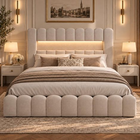 Lit Double Coffre 160x200 cm,Lit Bubble Rembourré avec Espace de Rangement Hydraulique, Fonction de Charge USB et Éclairage LED, Cadre de Lits avec Sommier à Lattes pour Adults et Ado (1/5)