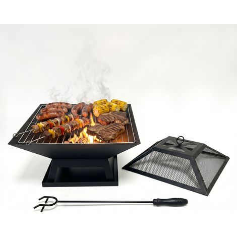 Relaxdays Fire Bowl, HxWxD: 36x45x45 cm, grill grate, spark screen, poker, steel, garden fire pit, black (1/5)