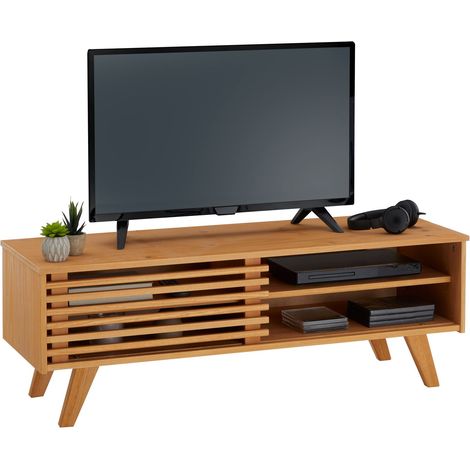 Idimex – Meuble TV scandinave en pin massif brun – 2 niches ouvertes – Dimensions 40 x 115 x 38 cm – Finitions teintées et cirées (1/4)