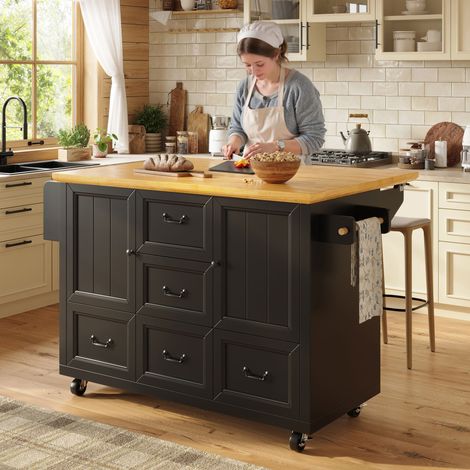 Îlot de cuisine, armoire, buffet, 120x73(45)x93 cm, chariot de cuisine extensible sur roulettes avec porte-serviettes et étagère à épices, tablettes réglables, deux portes, cinq tiroirs, blanc/noir (1/5)
