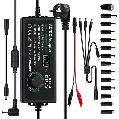 Alimentation Réglable, Adaptateur Secteur Universel 3V-24V 6A 144W, Adaptateur AC DC 100V-240V avec Affichage LED, 14 Embouts et 6000mA Max pour Électronique Domestique (1/5)