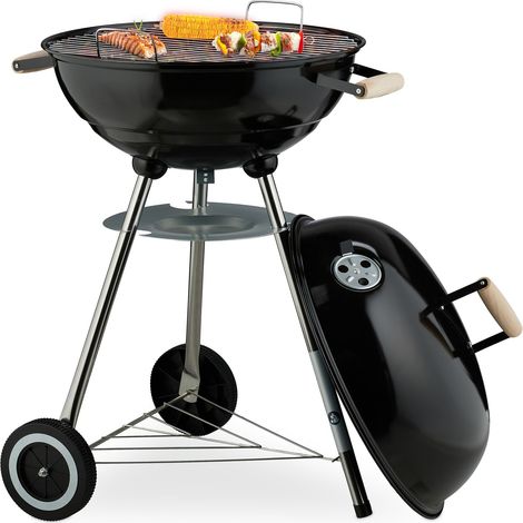 Relaxdays Barbecue charbon de bois, 2 roulettes, coupelle cendrier, D grille du dessus : env. 44 cm, extérieur, noir