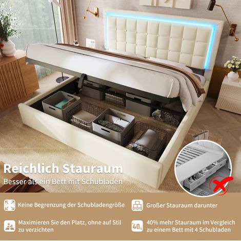 FLORAGRACE Lit coffre 180x200 cm en PU blanc avec LED, sommier à lattes, rangement hydraulique, tête de lit capitonnée (1/5)
