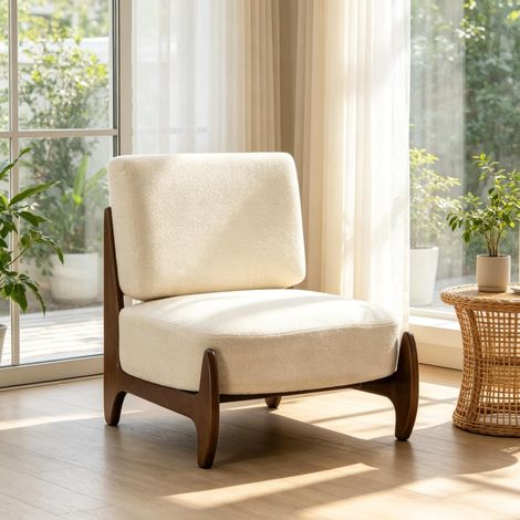 Fauteuil 72x73,5x81 cm en bois et tissu chenille ivoire, coussins épais pour salon FloraGrace (1/5)