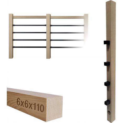 Poteau en bois - 6 x 6 x 110 cm - Hêtre - Installation facile - Idéal pour balustrades et clôtures