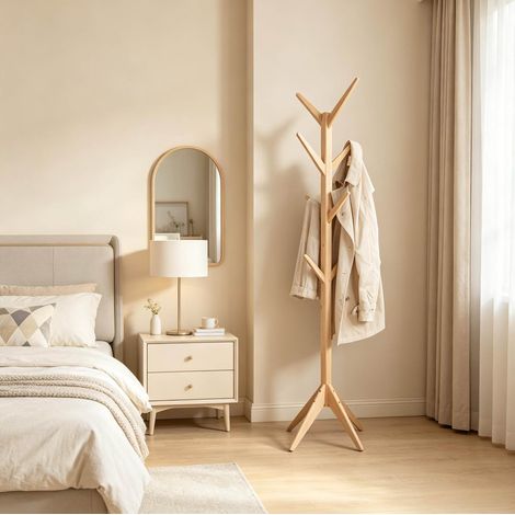 MEUBLIV Portemanteau sur pied en bois naturel 180 cm, 8 crochets (1/4)