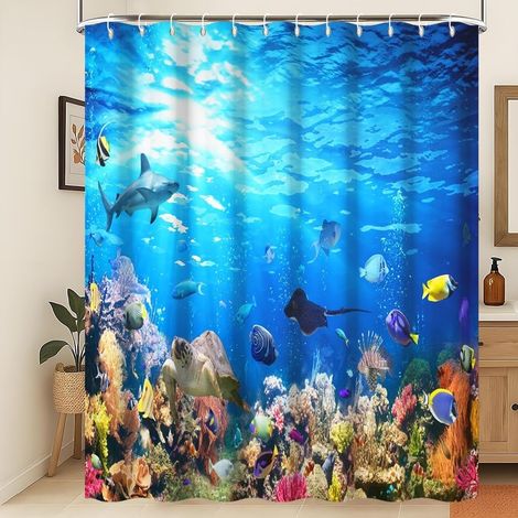 Vie Marine Rideau de Douche 3D sous la mer Animaux Marins Rideau de Salle de Bain Océan Poisson Dauphin Rideau de Douche Lavable Tortue Requin Tissu résistant à la moisissure 150x200cm (1/5)