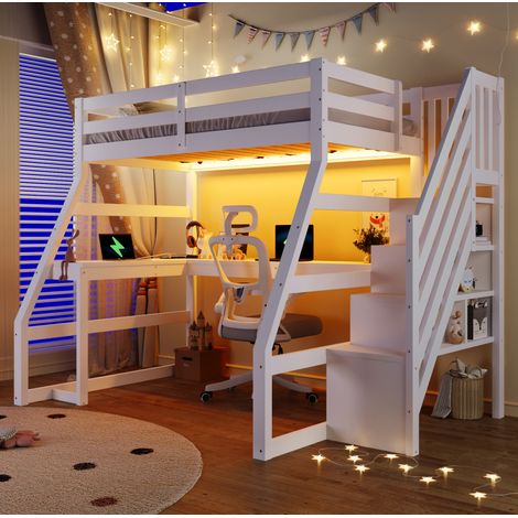 Letto a soppalco moderno in legno bianco 90x200 cm con scrivania a L, LED, USB, scala contenitore e rete a doghe