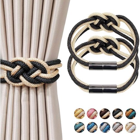Lot de 2 embrasses de rideaux magnétiques de style nordique avec cordon tressé décoratif pour la maison et le bureau (noir et beige)