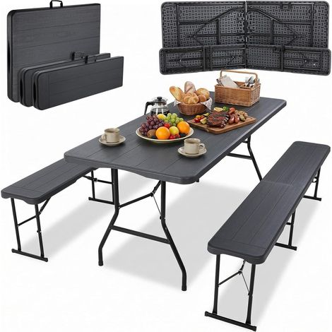 Picknick-/Camping-Tisch- und Bankset, Gartenmöbel, bestehend aus 1 Klapptisch und 2 Klappbänken - (Holz - Dunkelgraue Optik) (1/5)