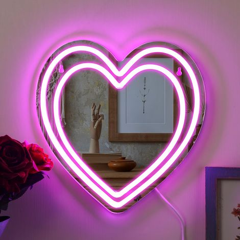 Miroir néon en forme de cœur : Éclairage LED alimenté par USB, mettant en scène un motif de cœur — idéal pour le maquillage et les fêtes de Noël. (1/5)