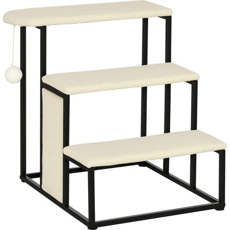 3-stufige Haustiertreppe – Hängeball, Kratzbaum – Stahlrahmen – 47 x 45 x 47 cm – Creme und Schwarz