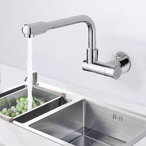 Um 360 Grad drehbarer Wasserhahn, wandmontierter Küchenspülen-Wasserhahn, einzelner Kaltwasser-Wasserhahn in Kupfer, Silber oder Schwarz (Silber)