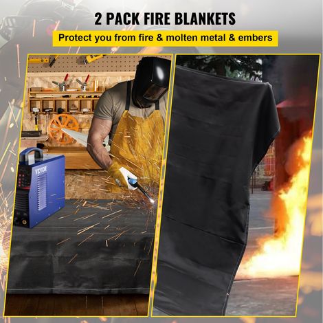 Couvertures anti-feu, lot de 2 couvertures de soudage couverture anti-incendie 2,44 x 3,05 m ignifuge 550 °C couvertures d'urgence noires, couverture en fibre de verre avec 12 œillets en laiton (1/5)