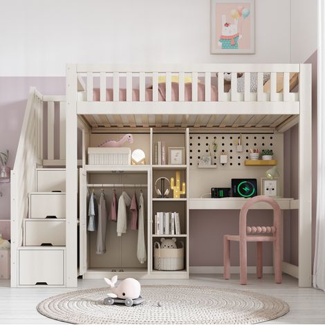 Lit adulte rangement 90x200 bois blanc bureau intégré OKMYHOME (1/5)