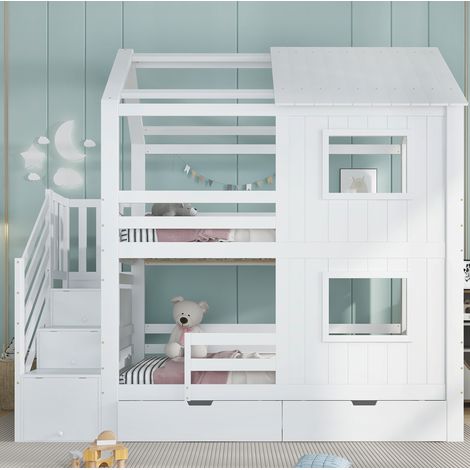 Letto a castello per bambini con scala contenitore e cassetto, tetto e finestre, legno massello+MDF bianco 90x200 cm (1/5)