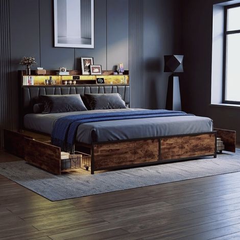 Lit Double 140x200 cm Cadre de Lit Industriel avec LED Prises USB et 4 Tiroirs de Rangement Adulte Métal Bois Marron Rustique (1/5)