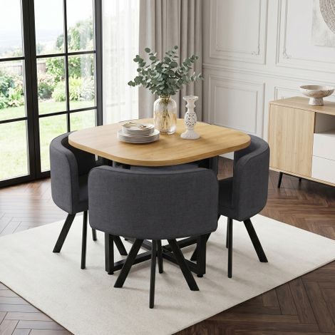 Esstisch und Stuhlset für 4 Personen,bestehend aus einem Esstisch (85 x 85 cm) und vier mit Leinen bezogenen Stühlen, geeignet für Küche und Esszimmer (Eichentischplatte + graue Stühle)