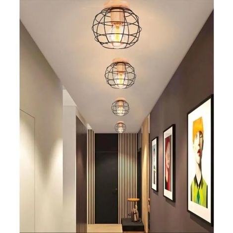 U-do 4pcs Plafonnier Industrielle,E27 Plafonnier Vintage en Bois Métal Lampe de Plafonde Retro Style Edison pour Salon Chambre (1/4)