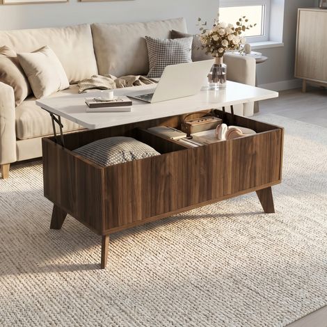 Table basse relevable rectangulaire, 105x53x42 cm, avec rangement, plateau surélevable, pieds en bois, table multifonction pour salon - Couleur noyer