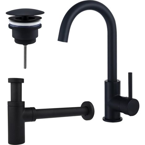 Fortifura Calvi Kit robinet lavabo - robinet haut - bec rotatif - bonde non-obturable - siphon design - Noir mat